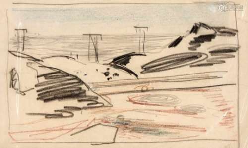 Walter Siebelist (1904-1978), Hamburg painter, hilly landscape with power lines. Chalk inbrown, blue