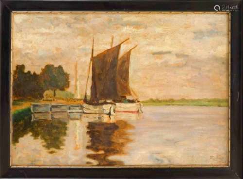 Sign. Fuhrmeister, 1st half of the 20th century, sailing boats on the jetty, oil oncardboard, and