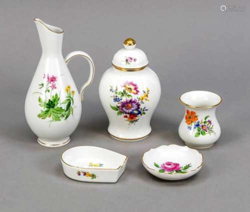 Five decorative pieces, Meissen, markss after 1934, 2nd quality, polychrome flowerpainting, jug with