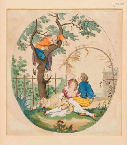 Johann Heinrich Ramberg (1763-1840): eavesdropping couple under a pear tree.Representations in the