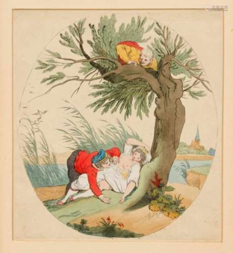 Johann Heinrich Ramberg (1763-1840): overheard lovers under a willow tree. Representationsin oval.