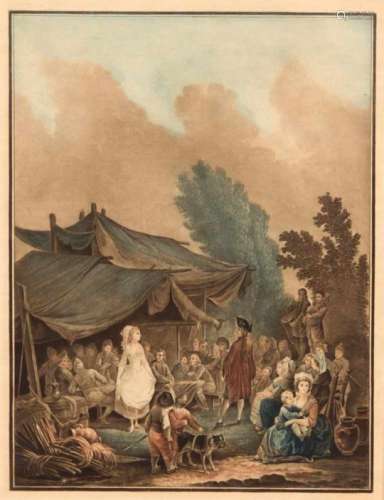 Charles Melchior Descourtis (1753-1820): Village wedding, colored mezzotint, 40 x 30 cm,sheet