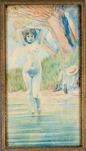 Erotic monogrammist ''FK'', around 1910, naked young woman, who has put her clothes on thebank,
