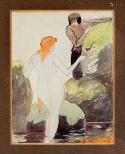 Erotic monogrammist ''FK'', around 1920, bathers surprised by a man, watercolor and pencilon, u. re.
