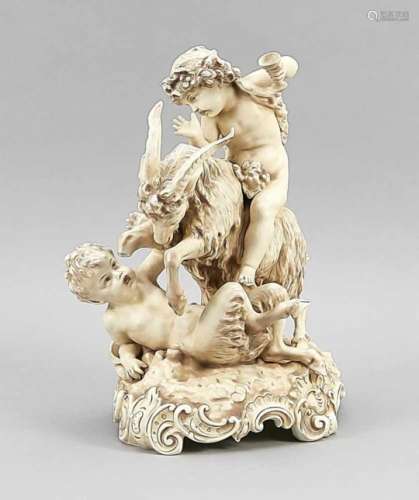 Group of figurines, prob. Bohemia, 20th century, model no. 915, putto with wine gobletriding on a