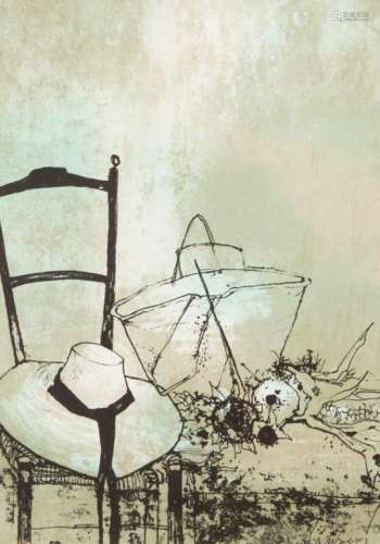 Jean Jansem (1920-2013): Still life with chair and hat. Color lithograph in the stone andhand signed