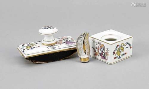 Eraser and inkwell, Meissen, mark 1924-34, 1st quality, polychrome kakiemon painting,yellow tiger