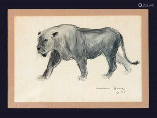 Otto Dill (1884-1957), walking lion, washed charcoal drawing on paper, u. re. handsign. u.dat. 1945,