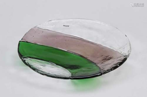 Plate, Italy, 20th century, Mazzega, Murano, flat shape, made of wide glass bands, clear,green and