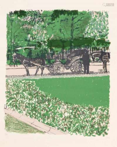 Maurice Brianchon (1899-1979), park landscape with carriage, color lithograph, unsigned,u. left num.