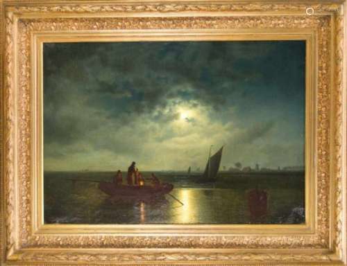 M. Dahmen, Dusseldorf painting school of the 19th century, full moon over a riverlandscape with