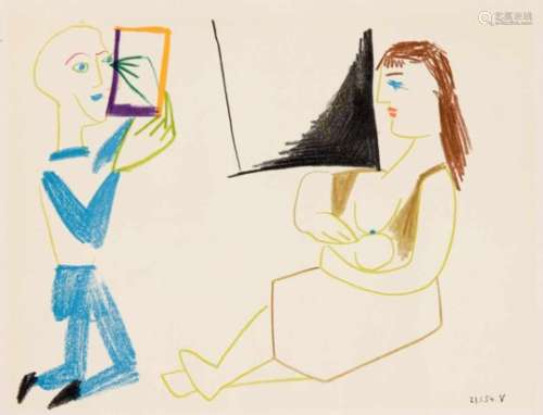 Pablo Picasso (1881-1973): ''The Human Comedy''. 2 figures, color lithograph, dated29.1.1954 in