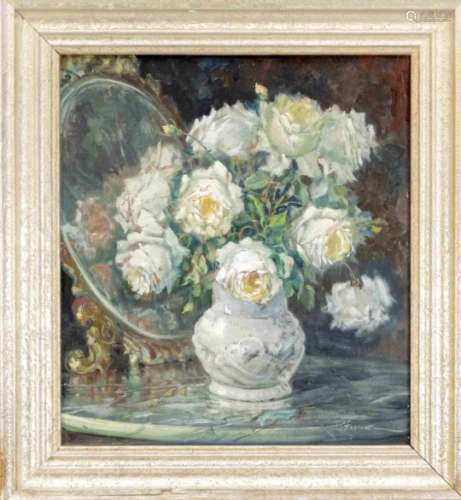 Unidentified painter 1st half of the 20th century, still life with white roses, oil oncanvas, u. re.