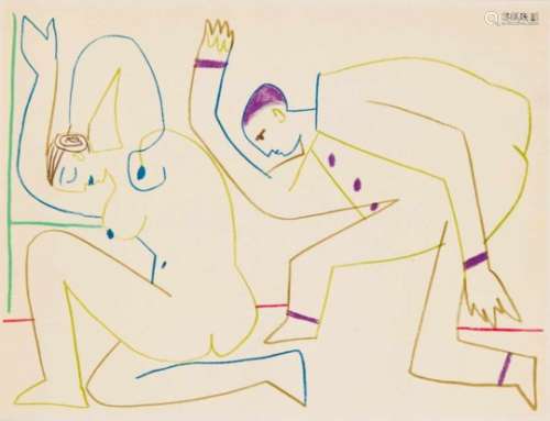 Pablo Picasso (1881-1973): ''The Human Comedy''. Pierrot and female nude color lithograph,dated 31.