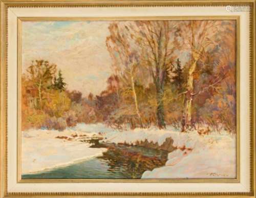 Unidentified painter from the 1st half of the 20th century, stream in a snowy winterlandscape, oil
