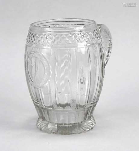 Large tankard, 19th century, polygonal stand, body in barrel form, sidely attached handle,clear