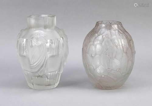 Two vases, 20th cent., each clear, frosted glass, 1 round base, ovoid shape, wall withfloral