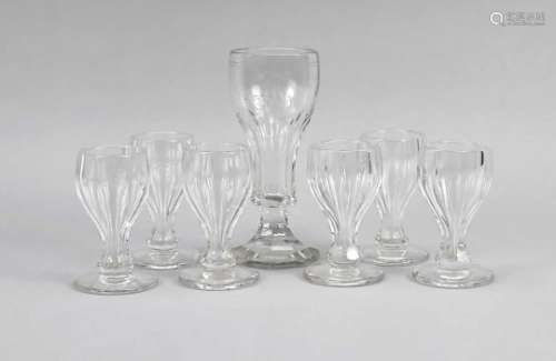 Six goblets, around 1900, round base, curved top, clear glass, edged, with monogram, h. 12cm,