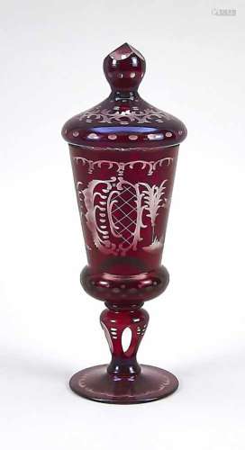 Lidded Cup, Bohemia, 19th century, round base, baluster shaft, conical top, domed lid,clear glass