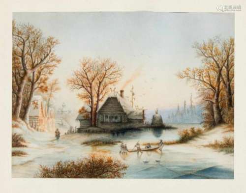Eduard von Hinüber (1817-1880), Russian winter landscape with wooden houses andOrthodox church in