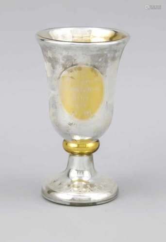 Glass cup, mid-19th century, round base, short shaft, bell-shaped top, partly gilded wall,with