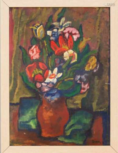 Unidentified expressionist mid 20th century, floral still life, oil on cardboard, and thelike. re.
