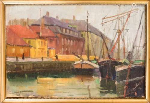 Jens Sinding Christensen (1888-1980), Danish painter, view of an urban harbor, oil oncardboard, u.