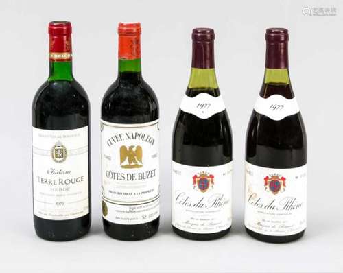 4 Flaschen Wein: 2 x Cotes du Rhone 1977/75 cL. 1 x Cuvée NApoleon/Cotes de Buzet 1982/75cL. 1 x