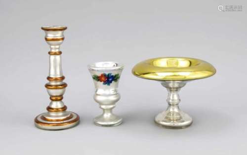 Three pieces glass, 19th century, candlestick, foot cup and foot bowl, partly gilded, 1with