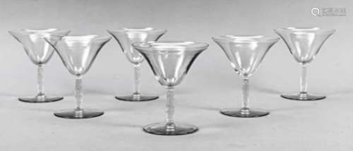 Six champagne glasses, France, 2nd half of the 20th century, Lalique, round disc base,slim shaft,