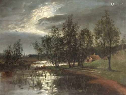 Axel Lundborn, Danish painter of the 19th century, landscape with hut in the moonlight,oil on