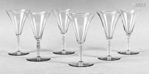 Six white wine goblets, France, 2nd half of the 20th century, Lalique, round disc base,slender