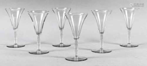 Six liqueur goblets, France, 2nd half of the 20th century, Lalique, round disc base,slender shaft,