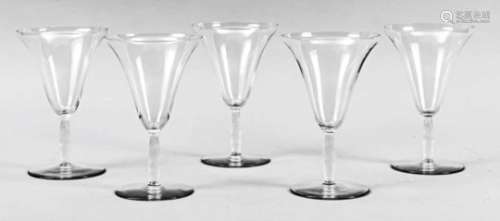 Five red wine goblets, France, 2nd half of the 20th century, Lalique, round disc base,slender shaft,