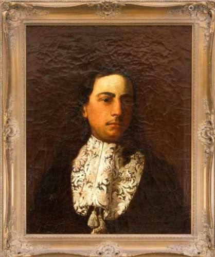 Portrait painter probably 19th century or earlier, portrait of a young man with a mustacheu. Lace