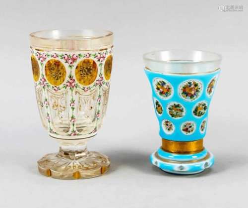 Two cups, around 1900, 1 round stand, conical body, clear glass, mostly light blue andwhite overlay,