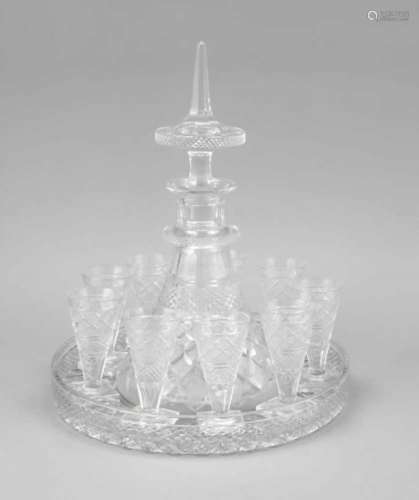 Liqueur service for nine persons, early 19th century, 9 glasses, square base, conical top,carafe,