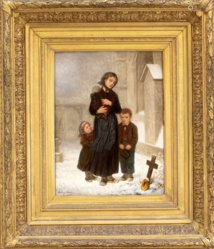 Antony Serres (1828-1898), French genre painter, in a snowy churchyard a young mother andher three