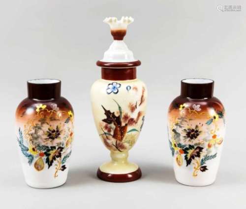 Three-piece vase set, beginning of 20th century, different shapes, each white opal glasswith