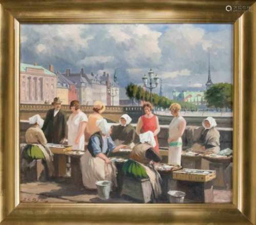 Søren Christian Bjulf (1890-1958), Danish painter, market in Copenhagen, oil on canvas, u.left