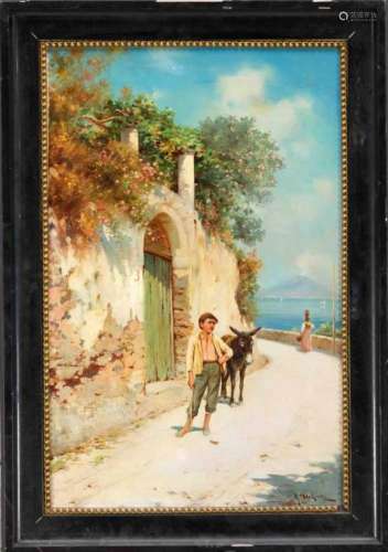 G. Deluca, ialien painter at the end of the 19th century, Nepali boy with donkey on acoastal road