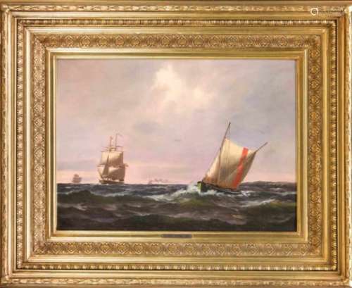 Rasmus Rasmussen, Danish marine painter of the 19th century, seascape with a steamer andthree