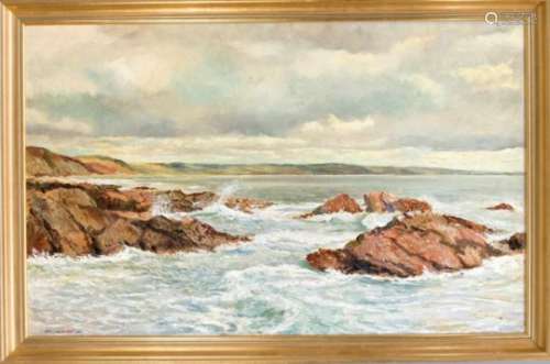 R.W. Luckhurst, mid-20th century painter, surf on rocky coast, oil on hardboard, etc. leftsigned