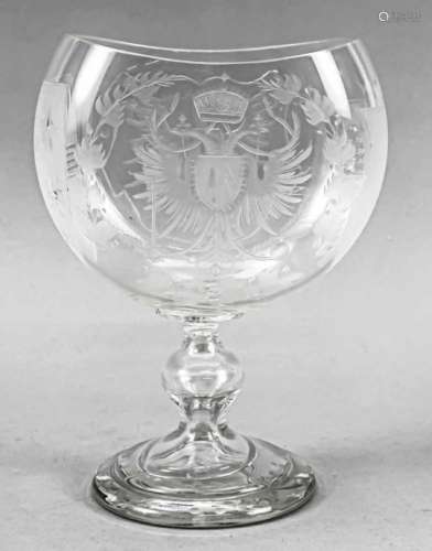 Large goblet glass, 19th century, round, domed stand, baluster shaft, flattened top, clearglass with