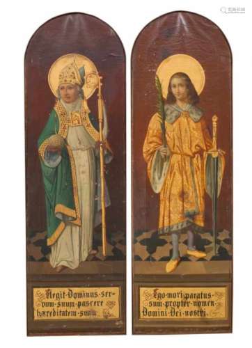 A pair of altar wings from the 19th century, portrait formats with rounded arches,depicting a bishop