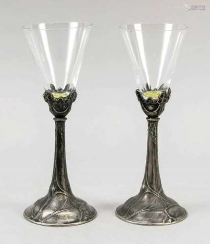 A pair of Art Nouveau glasses, around 1900, round, domed stand merging into the taperedshaft, tin,
