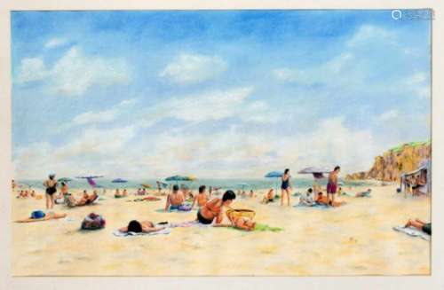 Monogrammist PR, late 20th century, large beach scene with numerous holidaymakers, oilpastels on