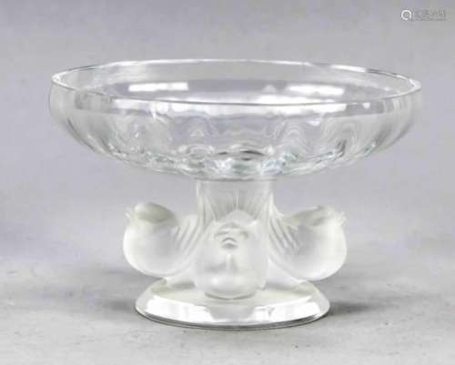 Round bowl, France, 2nd half of the 20th century, Lalique, round stand, angular shaft with4 birds,
