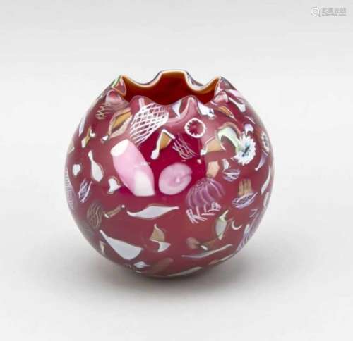 Vase, Italy, 2nd half of the 20th century, Murano, spherical shape, red glass withpolychrome melts