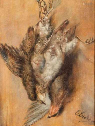 E. Eicken, hunting painter at the beginning of the 20th century, three birds shot on thewall, oil on